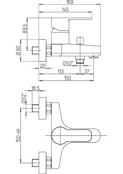 Technische Zeichnung einer Armatur mit Maßangaben