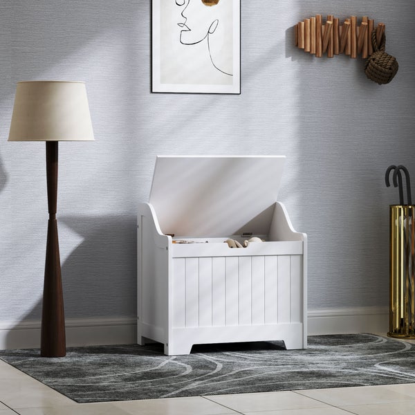 HOMCOM Truhe, Aufbewahrungsbox, Auflagenbox mit Sicherheitsscharnier, U-förmigem Ausschnitt, Gerätetruhe mit Deckel, für Wohnzimmer, Schlafzimmer, Weiß, 60 x 38 x 56 cm
