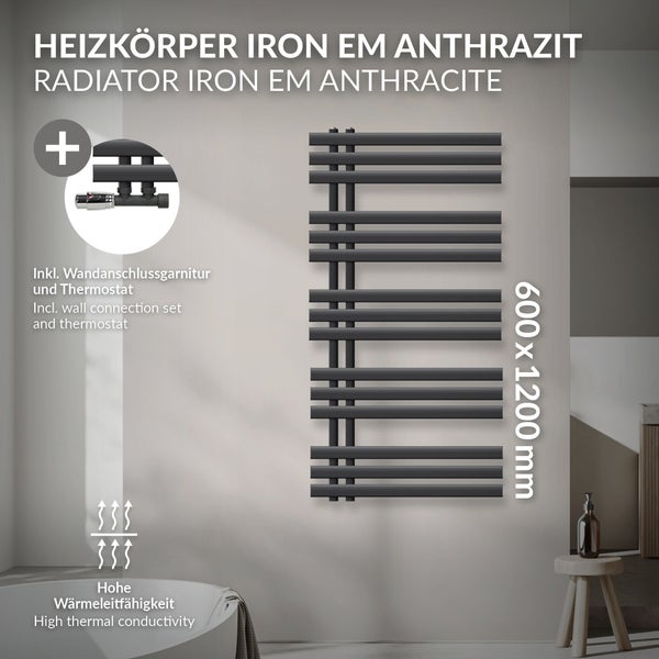 LuxeBath Badheizkörper Iron EM 600x1200 mm Anthrazit Mittelanschluss mit Anschlussgarnitur und Thermostat Eck Wand, Design Heizkörper Bad Heizung Handtuchwärmer Handtuchtrockner Handtuchheizkörper