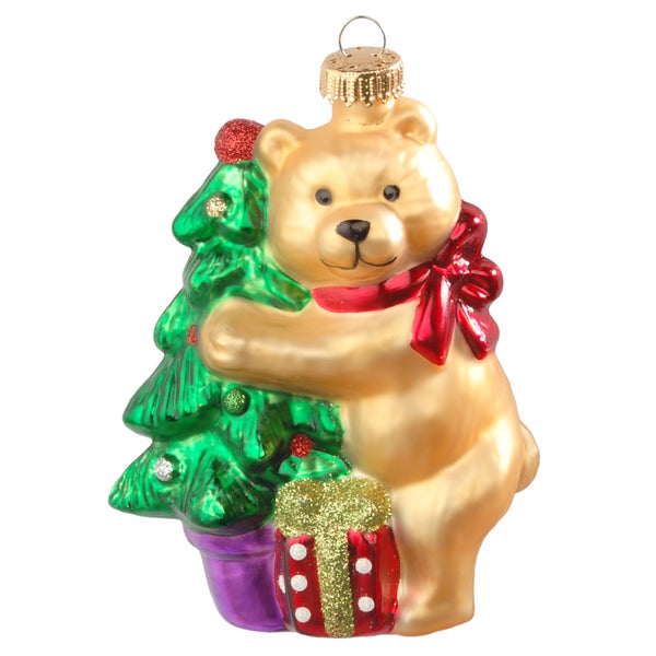 Bär mit Geschenkbox und Baum 10cm, Glasornament, mundgeblasen und handdekoriert, 1 Stck., Weihnachtsbaumkugeln, Christbaumschmuck, Weihnachtsbaumanhänger