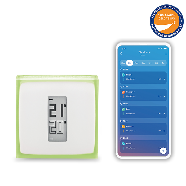 Smarter Thermostat mit digitaler Anzeige und App-Steuerung auf einem Smartphone sowie 100 Tage Geld-zurück-Garantie.