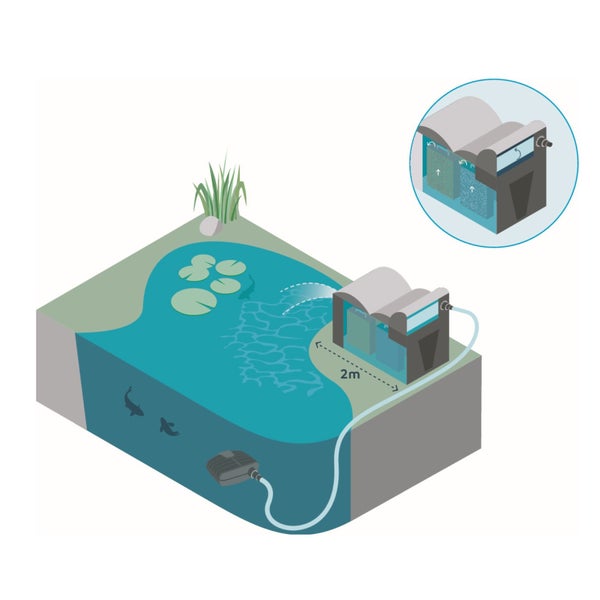 Grafik zur Installation eines Teichfiltersystems mit Tauchpumpe, Schlauch und Außenfilter in 2 Meter Entfernung zum Teich.