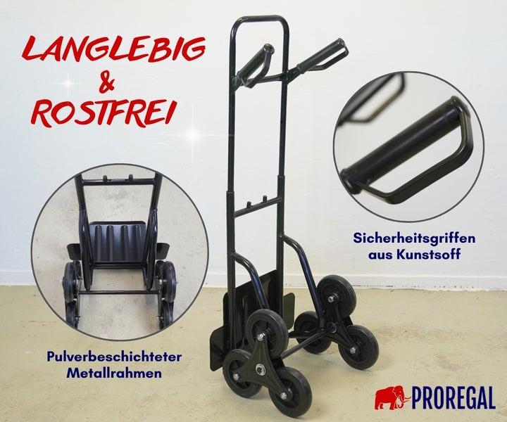 Proregal Treppensteiger Sackkarre, pulverbeschichteter Metallrahmen, langlebig und rostfrei, Kunststoff-Sicherheitsgriffe, Proregal Logo.