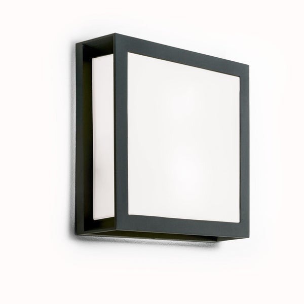 Quadratische Wandleuchte mit anthrazitfarbenem Rahmen und weißem Diffusor.