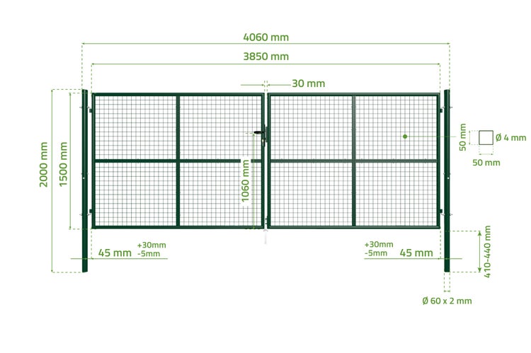 Abmessungen eines Doppelstabmattenzauntors mit Maßangaben
