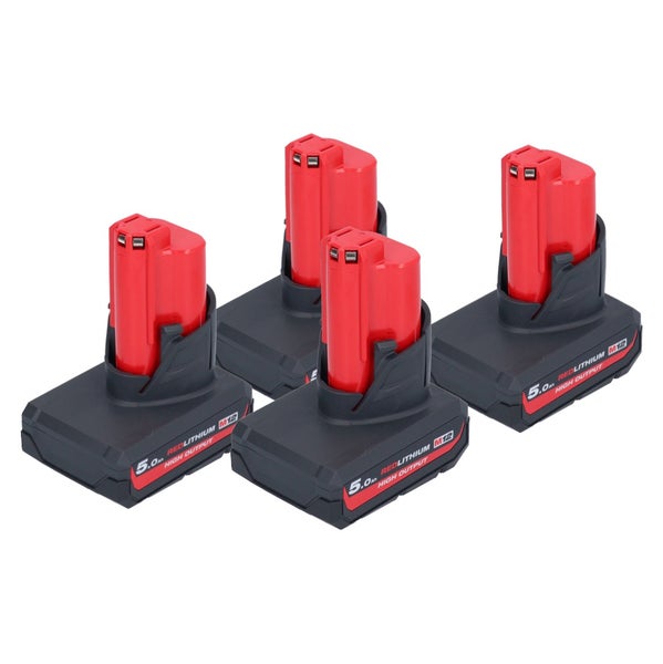 Vier Milwaukee M12 High Output Akkus mit 5,0 Amperestunden Kapazität, Redlithium Lithium-Ionen-Technologie.
