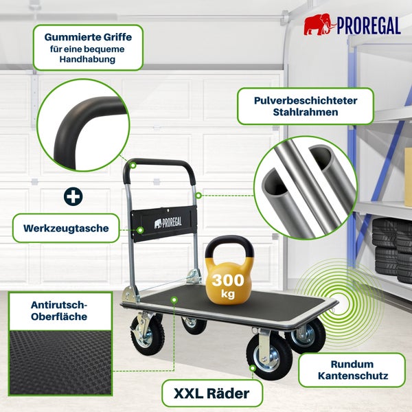 PROREGAL Plattformwagen 300 Kilogramm Tragkraft, gummierte Griffe, Stahlrahmen, Werkzeugtasche, Antirutsch-Boden, XXL Räder. PROREGAL Logo.