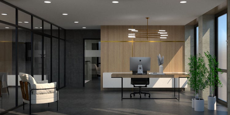Modernes Büro mit Schreibtisch, Bürostuhl und dekorativen Elementen, die eine helle und organisierte Arbeitsumgebung schaffen.