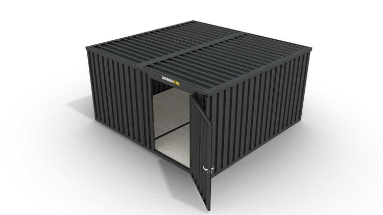 Lagercontainer Gerätehaus XL2  – 21 qm, H2150 x B5080 x T4340 mm, Außenwandlackierung anthrazit, Dach außen verzinkt, mit Holzfußboden, 1270 mm Einflügeltür mittig in Modul D, montiert