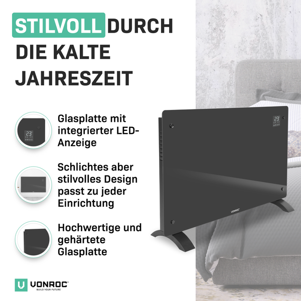 Glasheizkörper mit LED-Anzeige von Vonroc im Schlafzimmer.