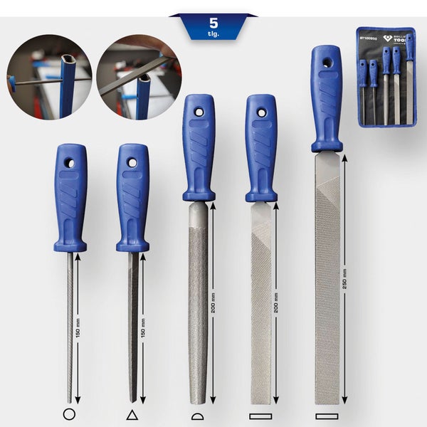 Fünfteiliges Feilen Set von Brilliant Tools mit blauen Griffen in verschiedenen Formen.