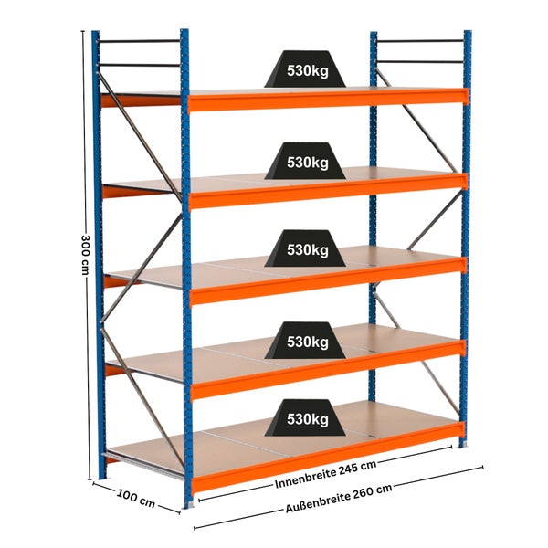 Steckregal mit fünf Böden und einer Traglast von 530 Kilogramm