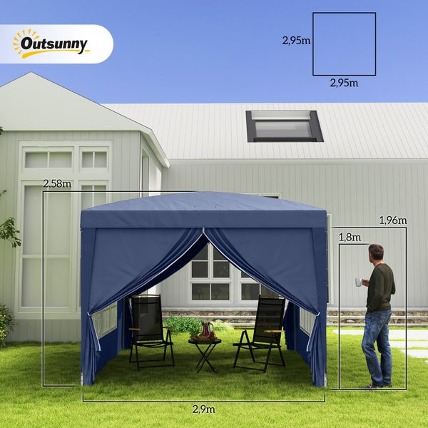 Outsunny Pavillon ca.3x3m, wasserabweisend Stabil Winterfest Pop-up Faltpavillon, UV Schutz 50+, Faltbar Partyzelt Gartenzelt mit 4 Seitenteilen Tasche Gartenpavillon für Camping Garten, Blau