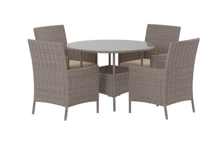 Gartenmöbel-Set bestehend aus einem runden Tisch mit Glasplatte und vier Geflechtsesseln inklusive Sitzkissen.