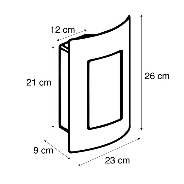 Maßzeichnung einer Wandleuchte: Höhe 26 Zentimeter, Breite 23 Zentimeter, Tiefe 9 Zentimeter. Rückseite 21 mal 12 Zentimeter.