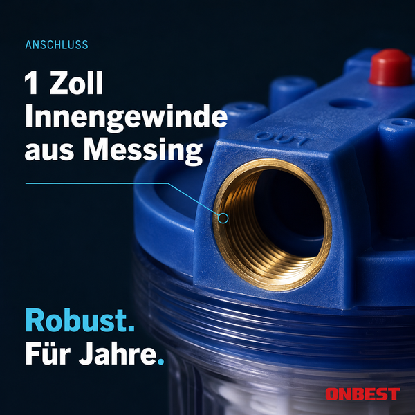 Wasserfilter für Pumpen, Durchfluss 6000 Liter pro Stunde, transparentes Gehäuse, Filtereinsatz, Messinganschlüsse, ONBEST Logo.