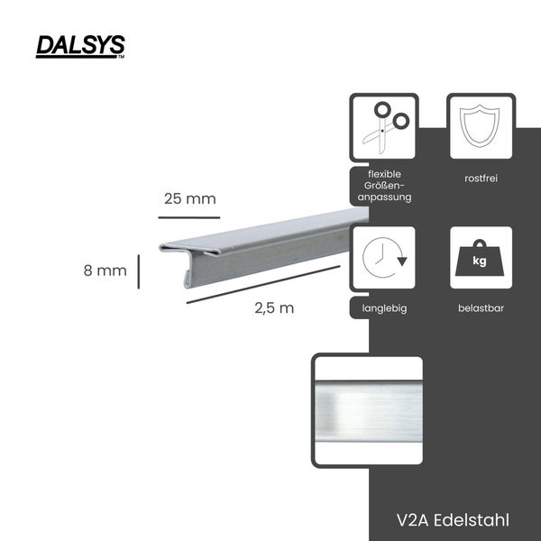 Dalsys Logo, T-Profil aus V2A Edelstahl, 25 Millimeter breit, 8 Millimeter hoch, 2,5 Meter lang, rostfrei, langlebig, belastbar, anpassbar.