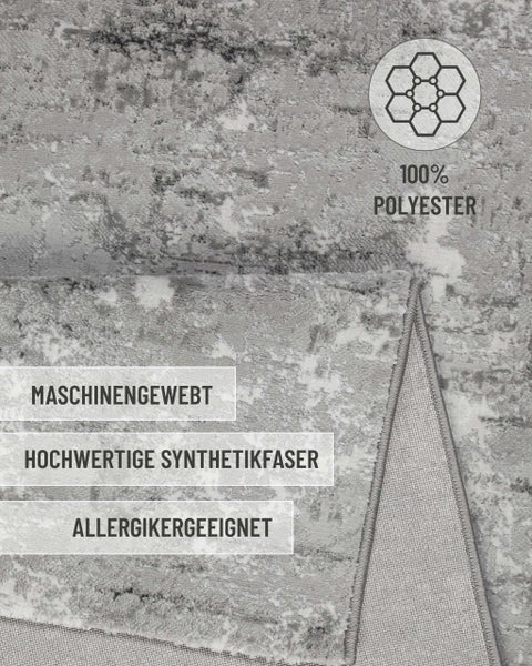 Maschinengewebter Teppich aus 100 Prozent Polyester, hochwertige Synthetikfaser, für Allergiker geeignet.