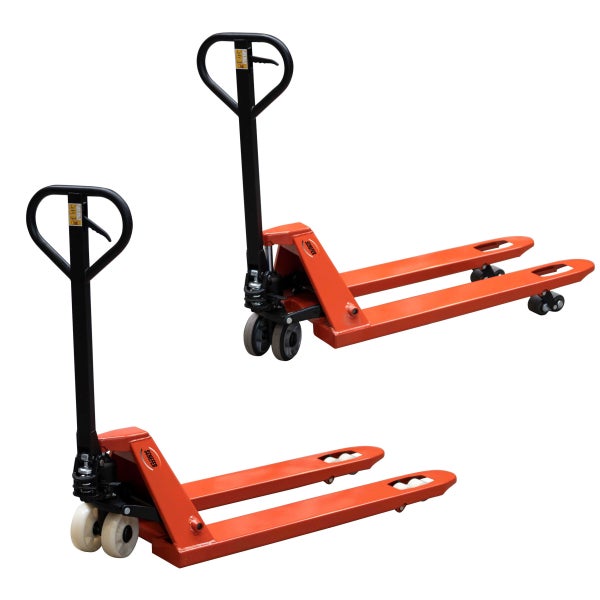 Zwei orangefarbene Handhubwagen