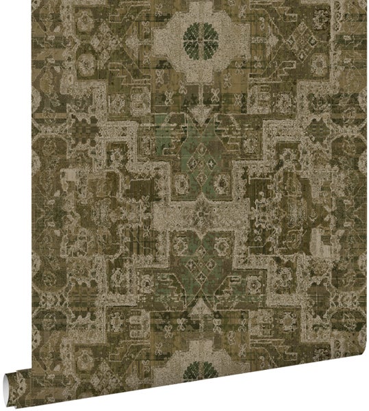 ESTAhome Tapete orientalisches Kelim-Patchwork Olivgrün - 50 x 900 cm - 131359
