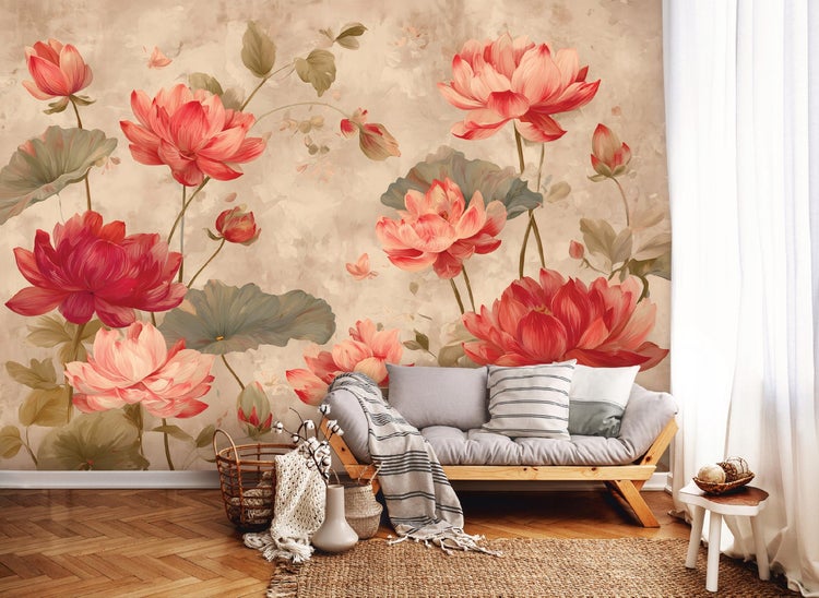 Wohnzimmer mit Wandbild von roten Lotusblumen, Sofa, Kissen und Teppich