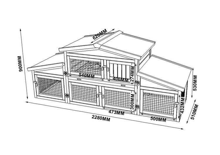 Maßskizze eines Kleintierstalls aus Holz mit Maßangaben in Millimeter, Breite 2280 Millimeter und Höhe 900 Millimeter.