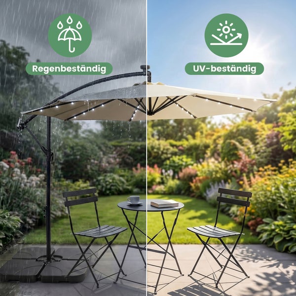 Ampelschirm mit LED-Beleuchtung im Garten, dargestellt als regenbeständig und UV-beständig bei unterschiedlichen Wetterbedingungen.