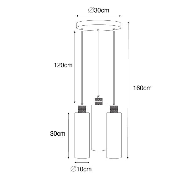 Technische Zeichnung einer Pendelleuchte mit drei Leuchten und Maßangaben