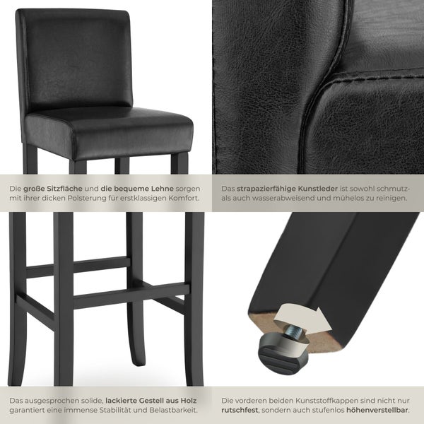 Details eines Barhockers: gepolstertes Kunstleder, strapazierfähige Oberfläche, stabiles Holzgestell und stufenlos höhenverstellbare Kunststoffkappen.