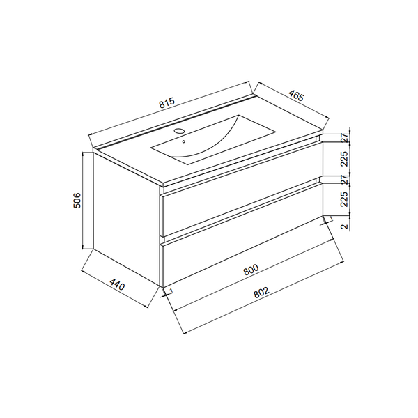 Technische Zeichnung eines Waschtischunterschranks mit Maßen