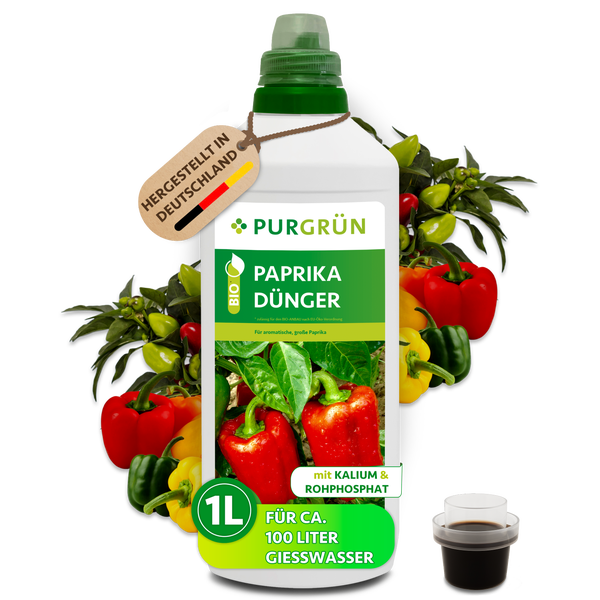 Purgrün Bio Paprika Dünger 1 Liter Flasche für circa 100 Liter Gießwasser, hergestellt in Deutschland, mit Kalium und Rohphosphat.