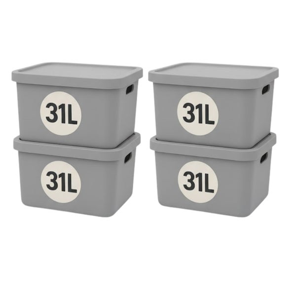 Stapelbare Aufbewahrungsboxen aus Kunststoff mit Deckel, 31 Liter Fassungsvermögen, Grau, 4er-Set.
