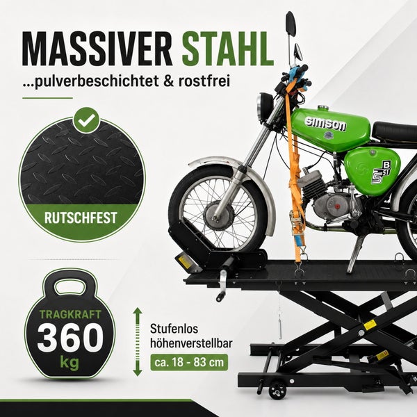 Rostfreie Motorradhebebühne, pulverbeschichteter Stahl, rutschfest, Tragkraft 360 Kilogramm, Höhe circa 18 bis 83 Zentimeter.