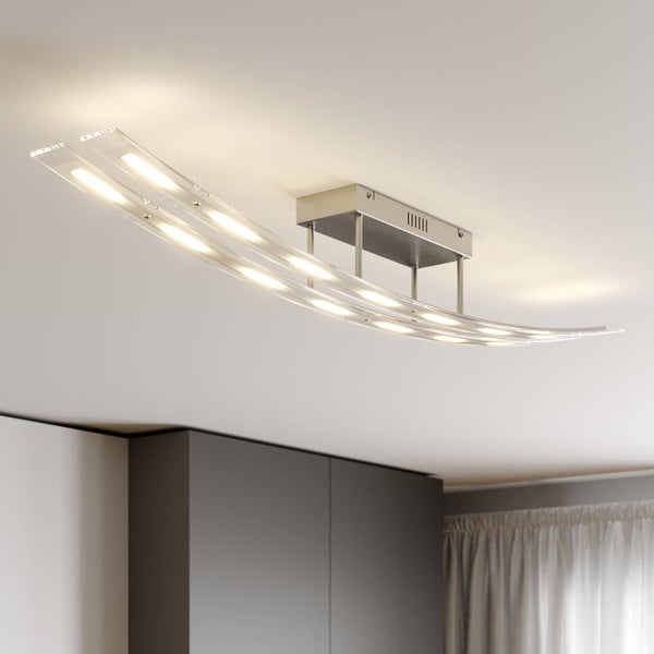 Moderne LED-Deckenleuchte mit geschwungenem Design, Metallgestell und transparenten Lichtpaneelen.