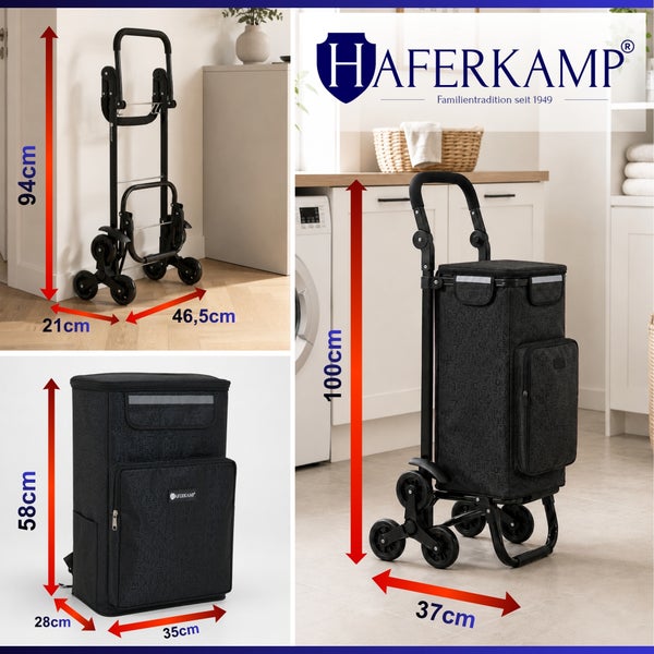 Haferkamp Einkaufstrolley mit Treppensteiger Funktion und abnehmbarer Tasche mit Maßen für den Transport von Lebensmitteln und Haushaltswaren.