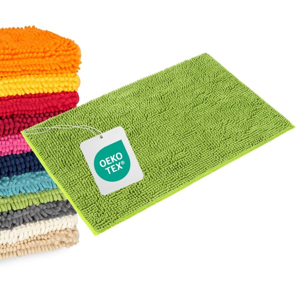 Rechteckige Badematte aus Mikrofaser mit weicher Chenille-Struktur und OEKO-TEX Label für schadstoffgeprüfte Textilien.