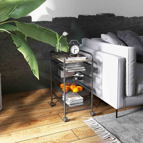 HOMCOM Rollwagen, Küchenwagen mit 4 Körben, Aufbewahrungsregal mit Rollen, Haushaltregal, Servierwagen für Schlafzimmer, Wohnzimmer, Stahl, Schwarz, 41,5 x 31 x 66 cm