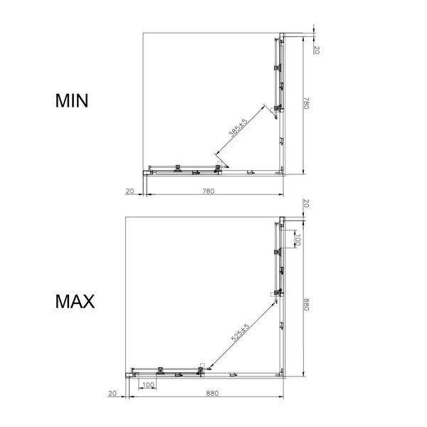 Technische Zeichnung einer Duschkabine mit minimalen und maximalen Abmessungen.
