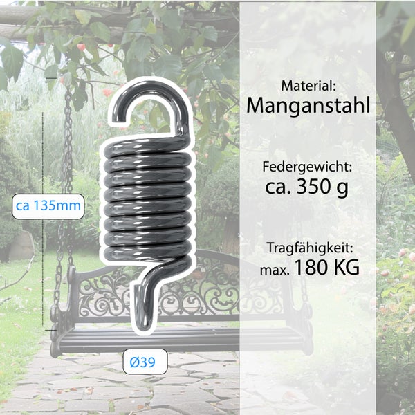 Schaukelfeder aus Manganstahl mit 135 Millimeter Länge und maximal 180 Kilogramm Tragfähigkeit für Gartenmöbel.