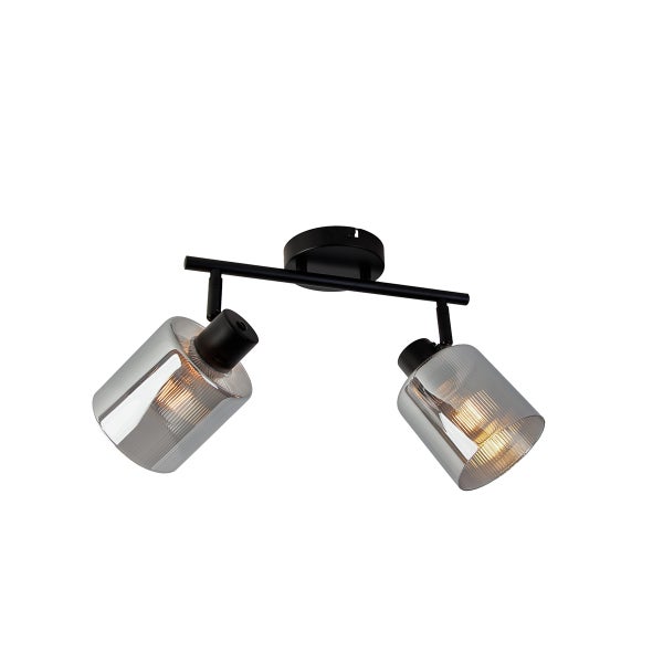 Schwarze Deckenleuchte mit zwei verstellbaren Strahlern aus geriffeltem Glas und Metall.