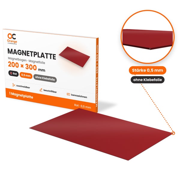 Orange Commerce Magnetplatte 200 mal 300 Millimeter mit 0,5 Millimeter Stärke ohne Klebefolie, zuschneidbar und beschriftbar.