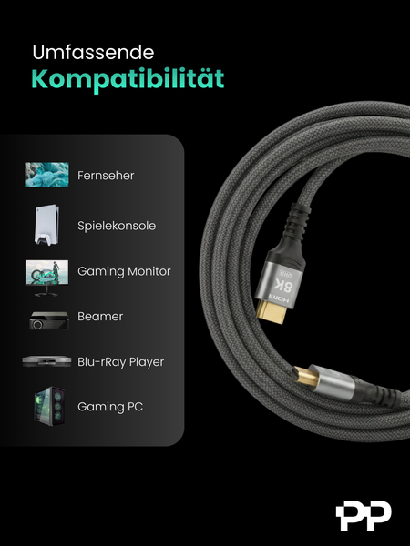 8K HDMI Kabel zur Verbindung von Fernseher, Spielekonsole, Gaming Monitor, Beamer, Blu-ray Player und Gaming PC