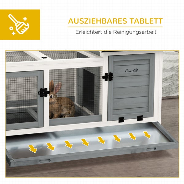 PawHut Zwergkaninchenstall aus Holz, 108 x 58 x 73,5 cm Kleintierstall mit Freilaufgehege, Rädern, Klappdach, Zwergkaninchenkäfig mit Ausziehbarem Tablett für Indoor, Outdoor, Grau