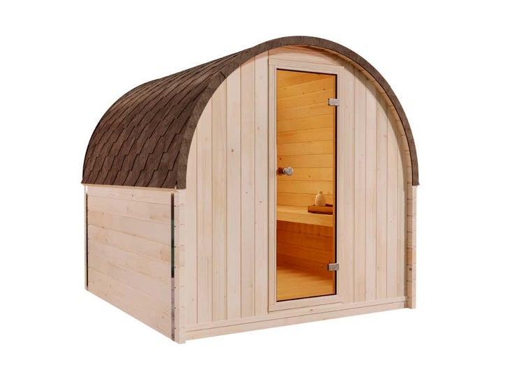 FinnTherm Fasssauna ScandiPod Comfort Fasssauna 2 Sitzbänke aus Holz Sauna mit 42 mm Wandstärke, Außensauna mit Montagematerial mit Glasfront 2x2,3m