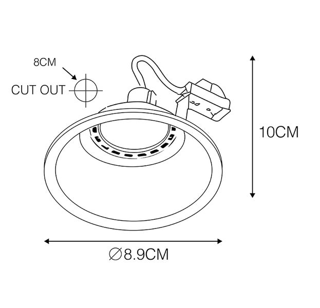 Technische Zeichnung eines Einbaustrahlers mit den Maßen: Durchmesser 8,9 cm, Höhe 10 cm, Ausschnitt 8 cm.