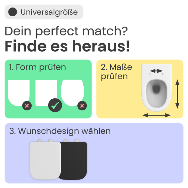 Drei Schritte zum passenden WC-Sitz: Form prüfen, Maße messen und Design auswählen.