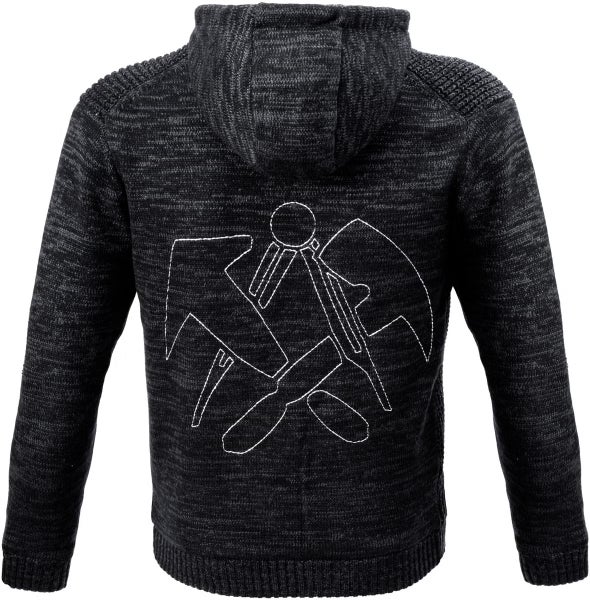 Dunkelgraue Strickjacke mit Kapuze, Rückansicht mit Dachdecker-Zunftzeichen.