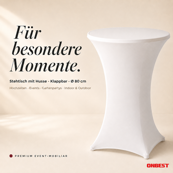 Klappbarer Stehtisch mit weißer Husse, Durchmesser 80 Zentimeter, für Events und Gartenpartys. ONBEST Logo.
