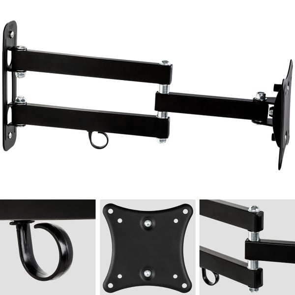 Schwarze Fernseher Wandhalterung aus Metall, schwenkbar und neigbar, mit ausziehbarem Gelenkarm, Montageplatte und Kabelführung.