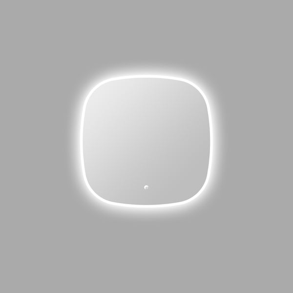 Quadratischer Badspiegel mit abgerundeten Ecken und umlaufender LED Beleuchtung mit integriertem Sensorschalter